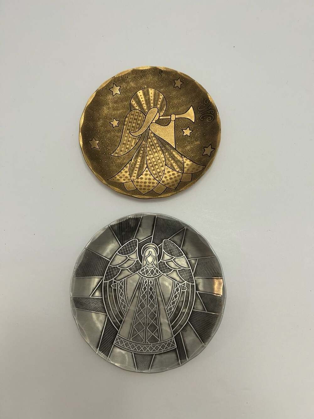 Set of 2 Wendell August Handmade Angel Ornaments/Coasters Bronze and Aluminum